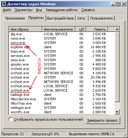 Ищем вирус в диспетчере задач